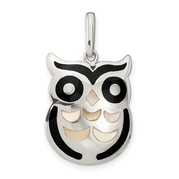 925 Sterling Silver Genuine Fine Jewelry MOP & Onyx Owl Necklace Charm Pendant